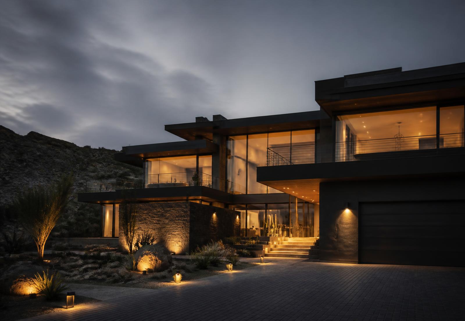 Luxury contemporary residence lit at dusk